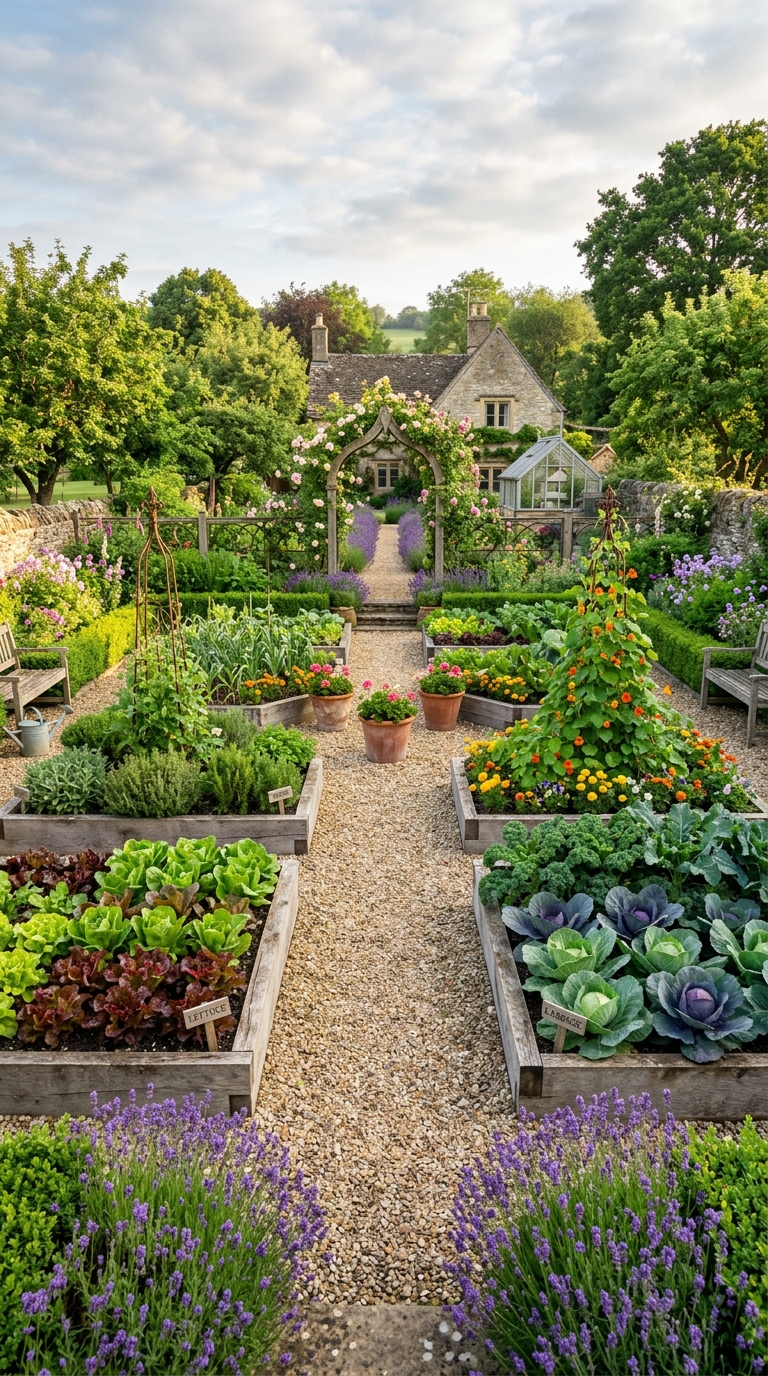 Beautiful potager garden design with raised vegetable beds