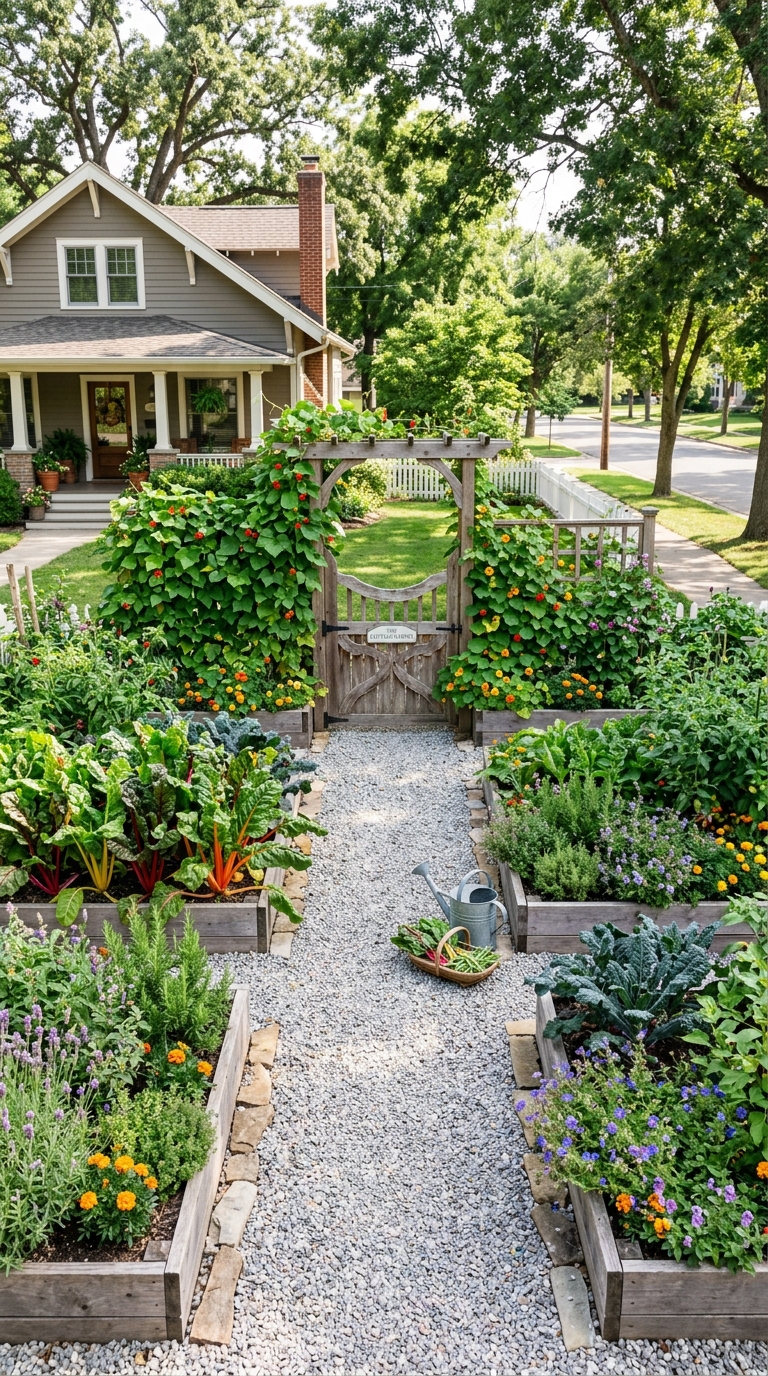 Urban potager garden raised beds with a drip irrigation system for low-maintenance growing of tomatoes, herbs, and vegetables