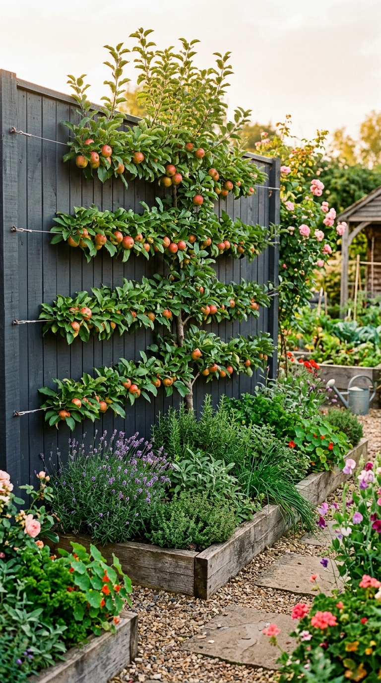 Potager garden with espaliered apple tree trained against fence above raised herb beds