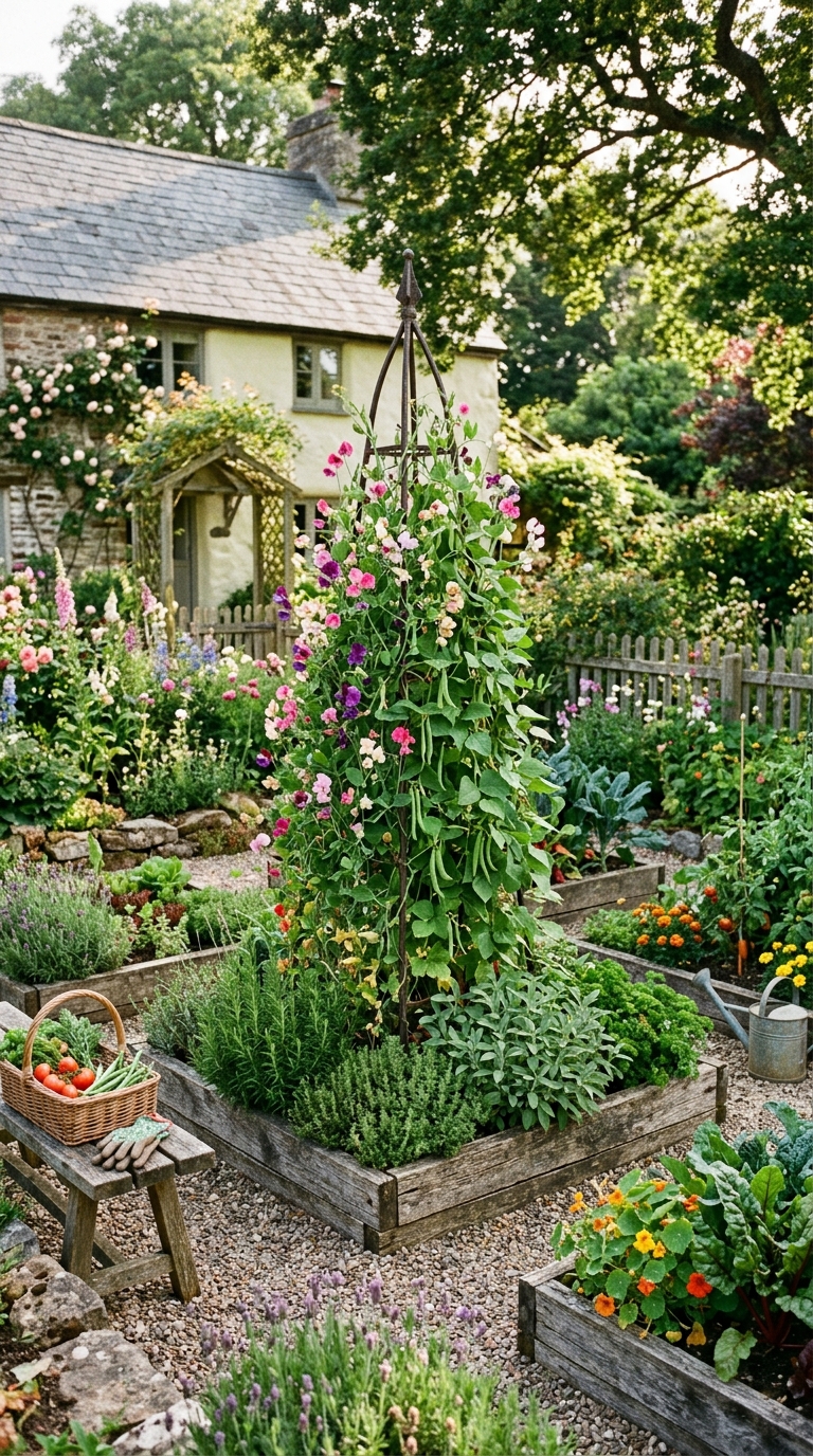 Urban potager garden with dark metal obelisk and climbing sweet peas surrounded by raised herb and vegetable beds