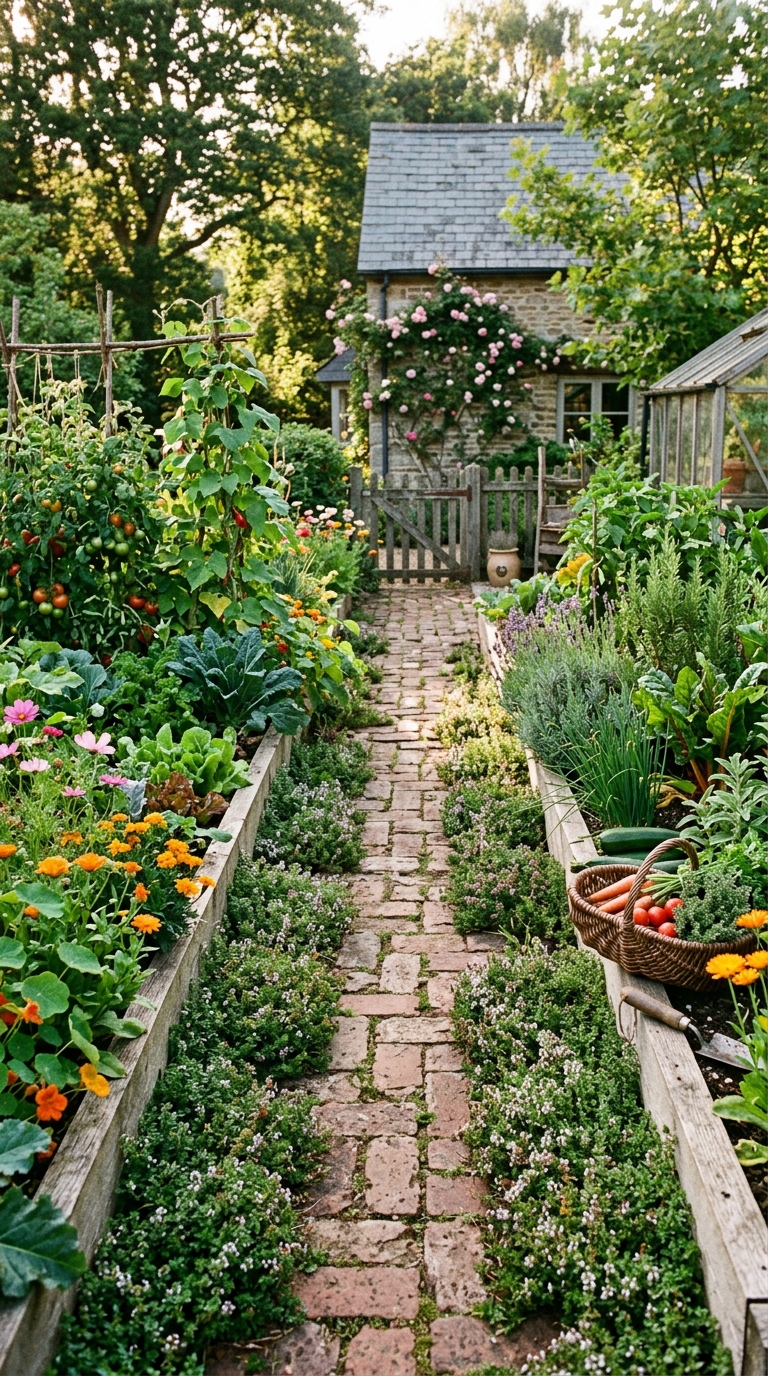 Reclaimed brick garden path between raised potager beds with creeping thyme growing between stones in a cottage urban garden