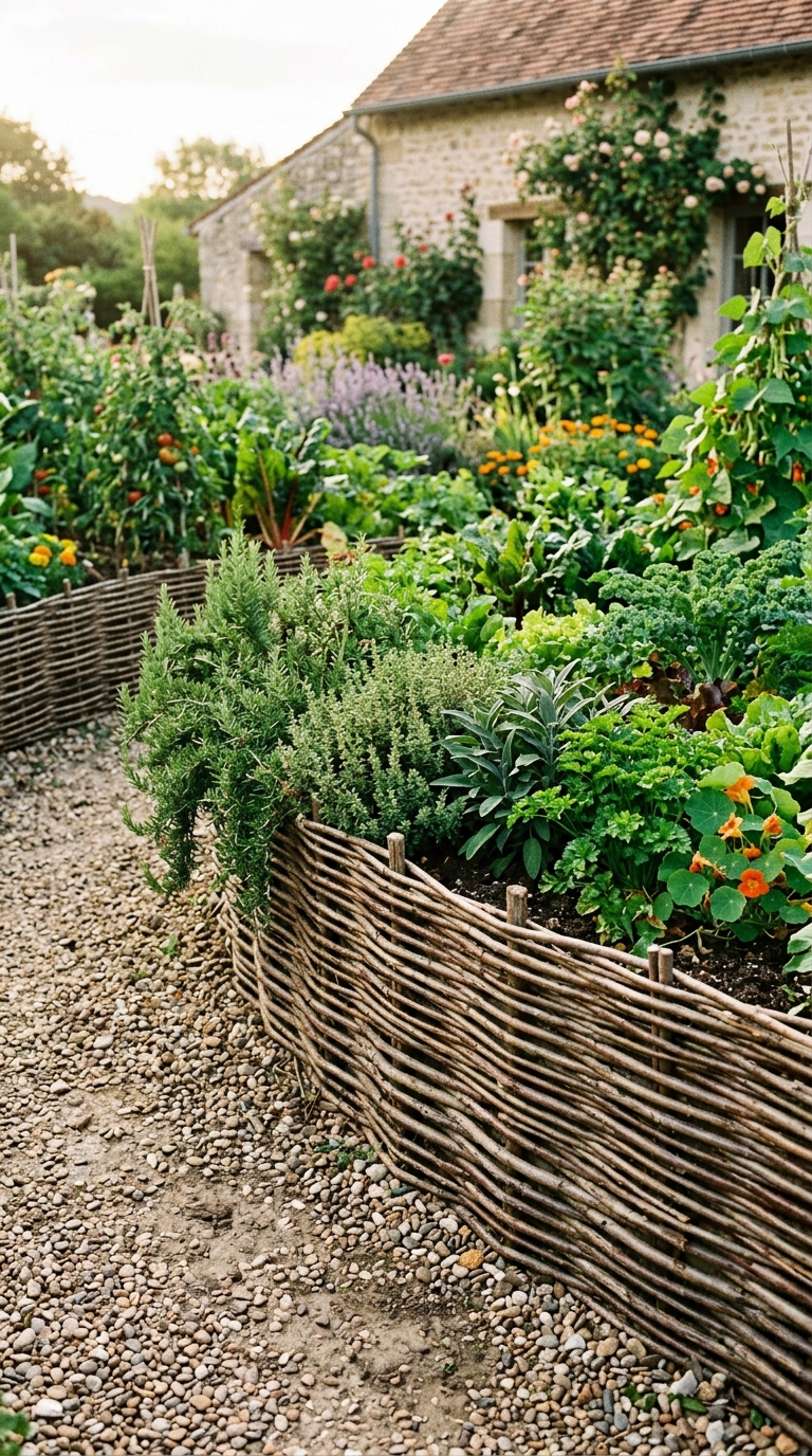 Potager garden beds edged with woven willow hurdles and filled with lush herbs and vegetables