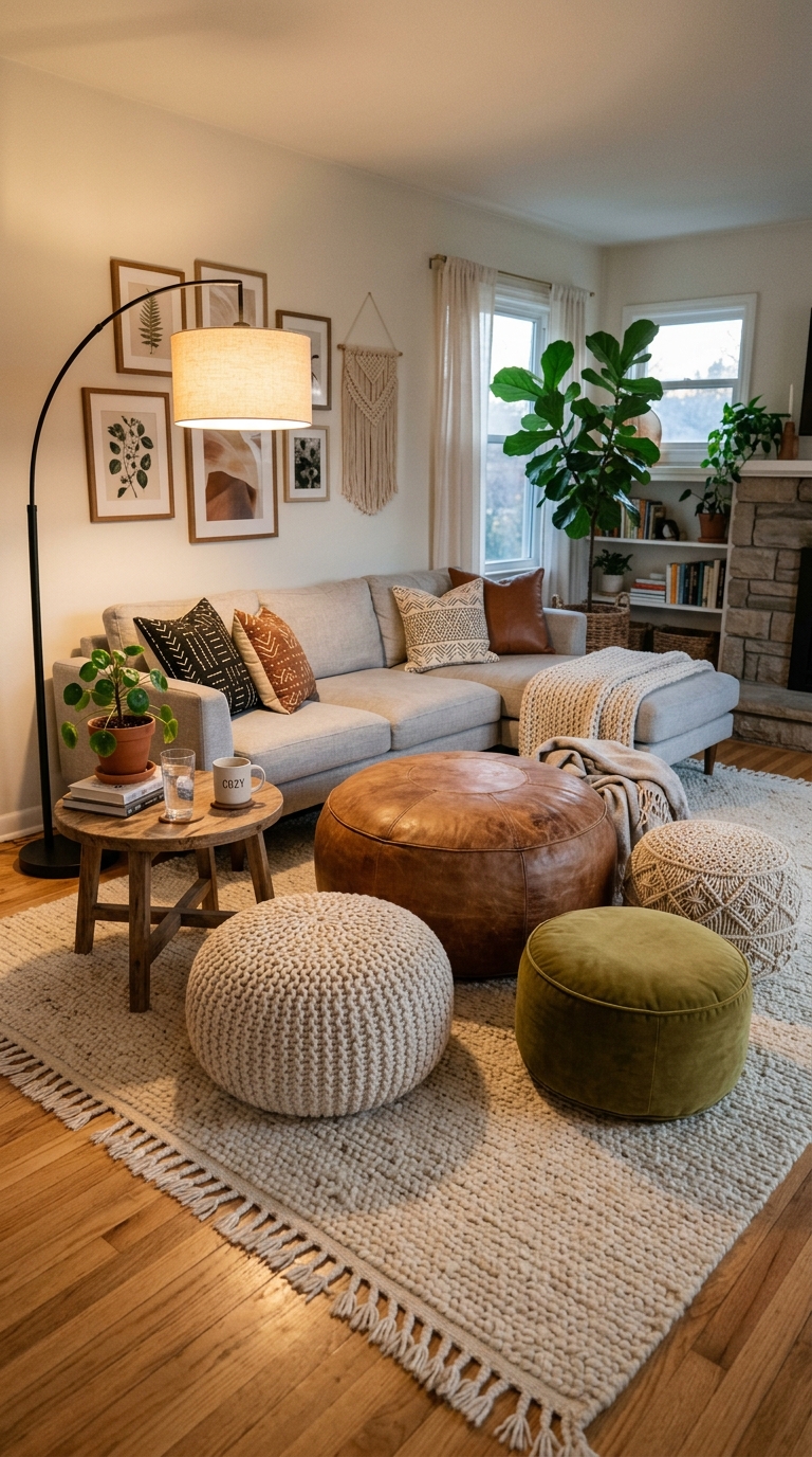 Stylish floor seating living room with mixed poufs on textured rug and low side table