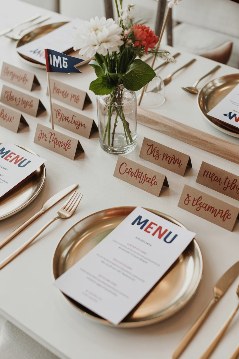 Free printable patriotic 4th of July table decor with menu cards, flag numbers, and place cards on a styled table