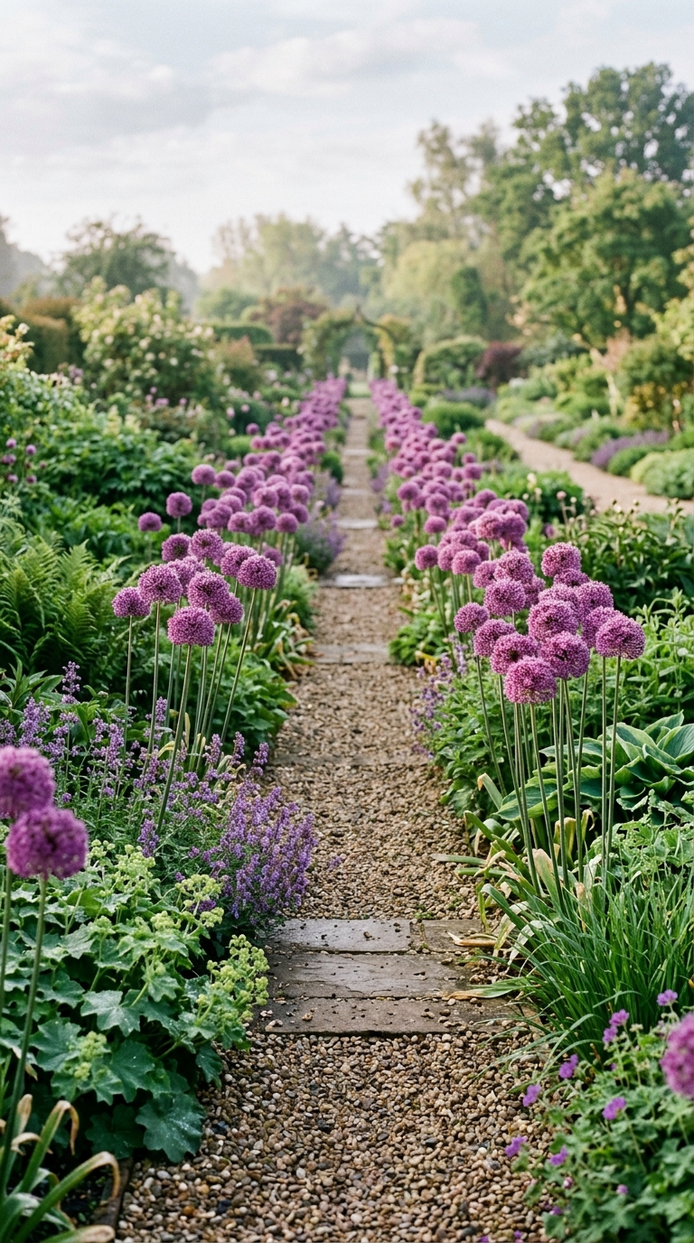 Classic purple allium border planted along a garden path with tall globe flowers in full spring bloom