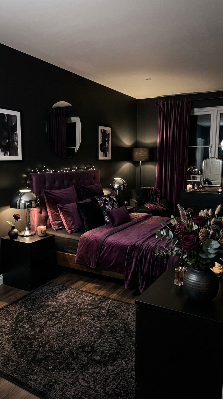 Purple and black bedroom with velvet bedding and matte black walls for a dramatic, moody look