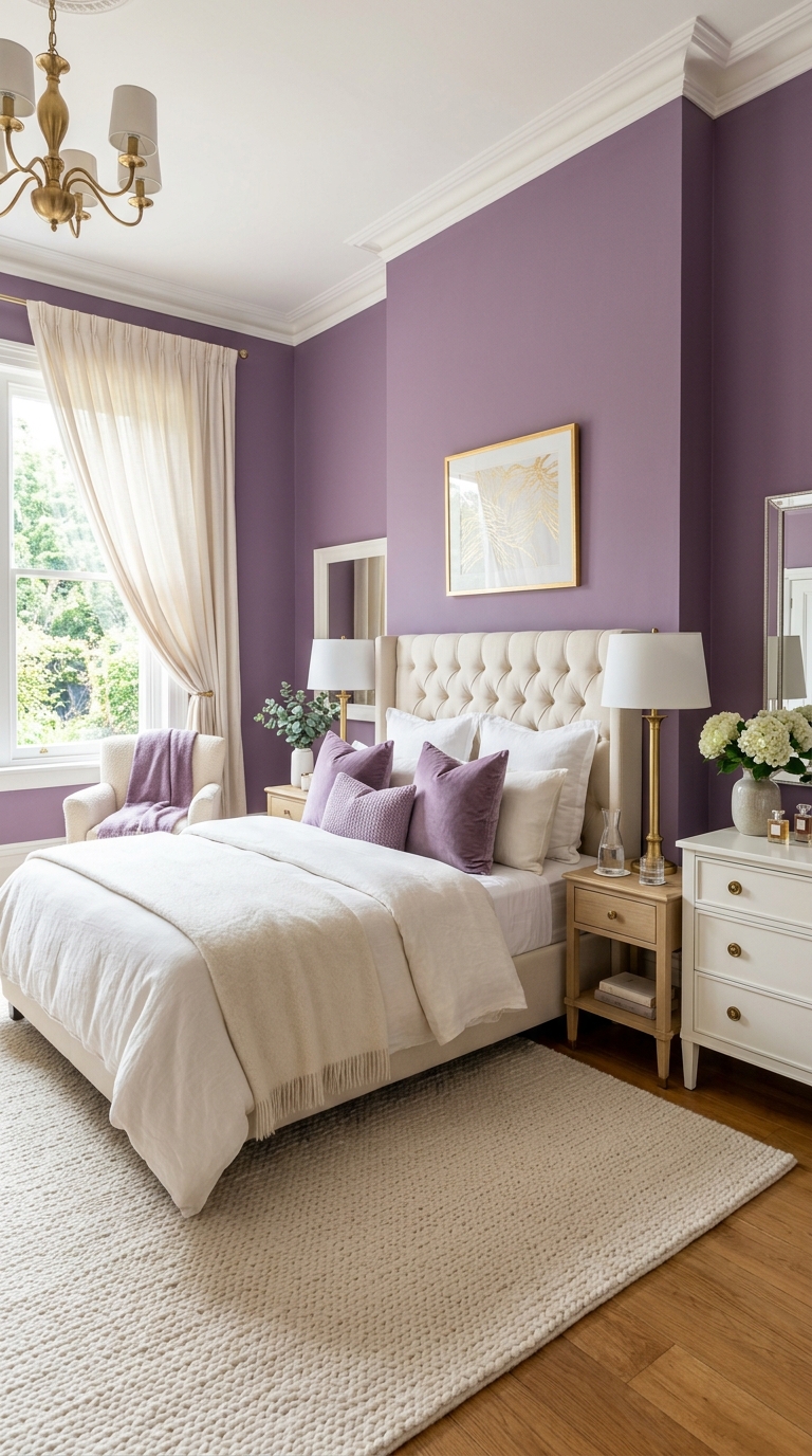 Elegant purple and cream bedroom with gold accents and upholstered headboard
