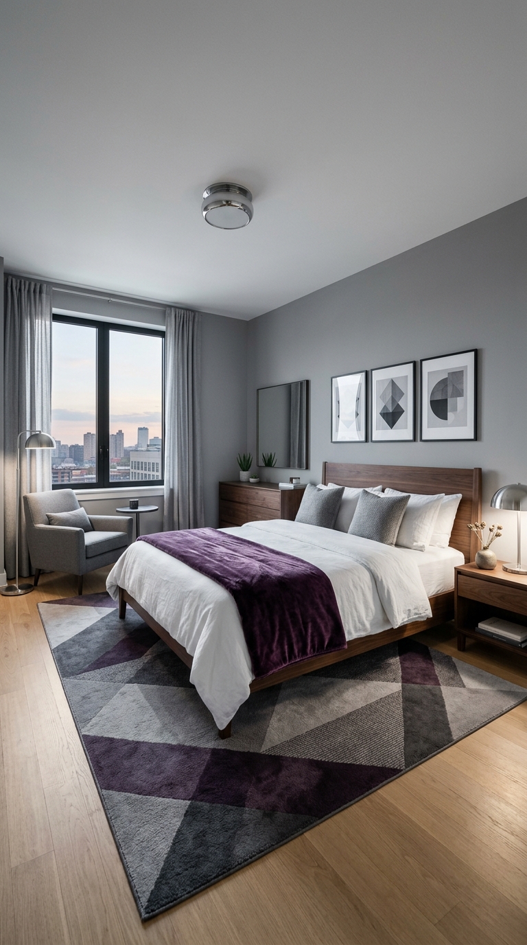 Purple and grey bedroom with velvet throw and modern minimalist decor