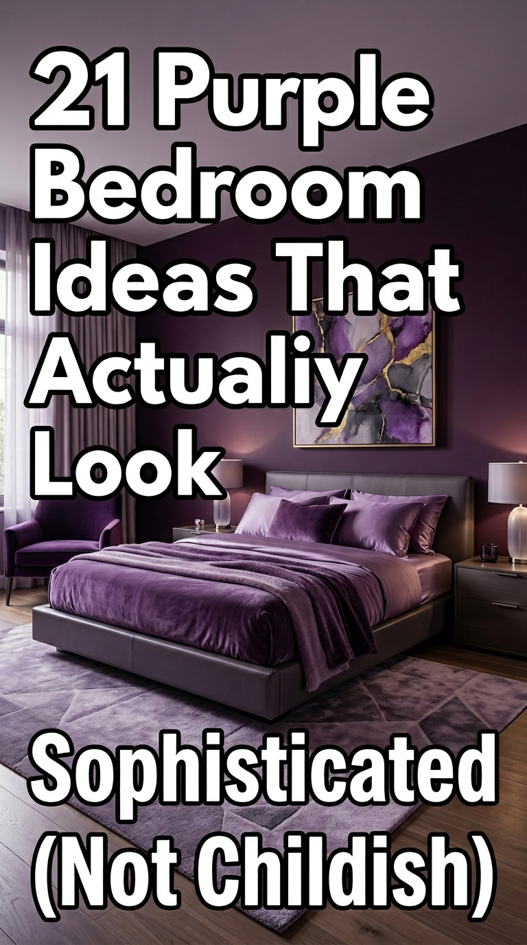 Luxury purple bedroom interior with bold white title text and elegant modern aesthetic design
