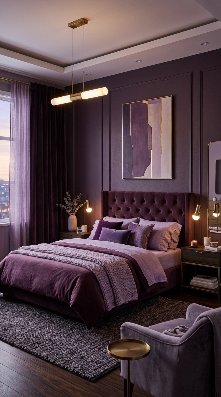 Sophisticated purple bedroom interior with modern luxury design and soft cinematic lighting