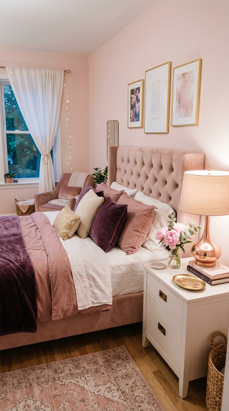 Purple and blush pink bedroom with velvet headboard and rose gold accents for a feminine look