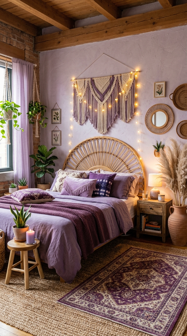 Purple boho bedroom with rattan headboard, layered textiles, and macramé wall decor