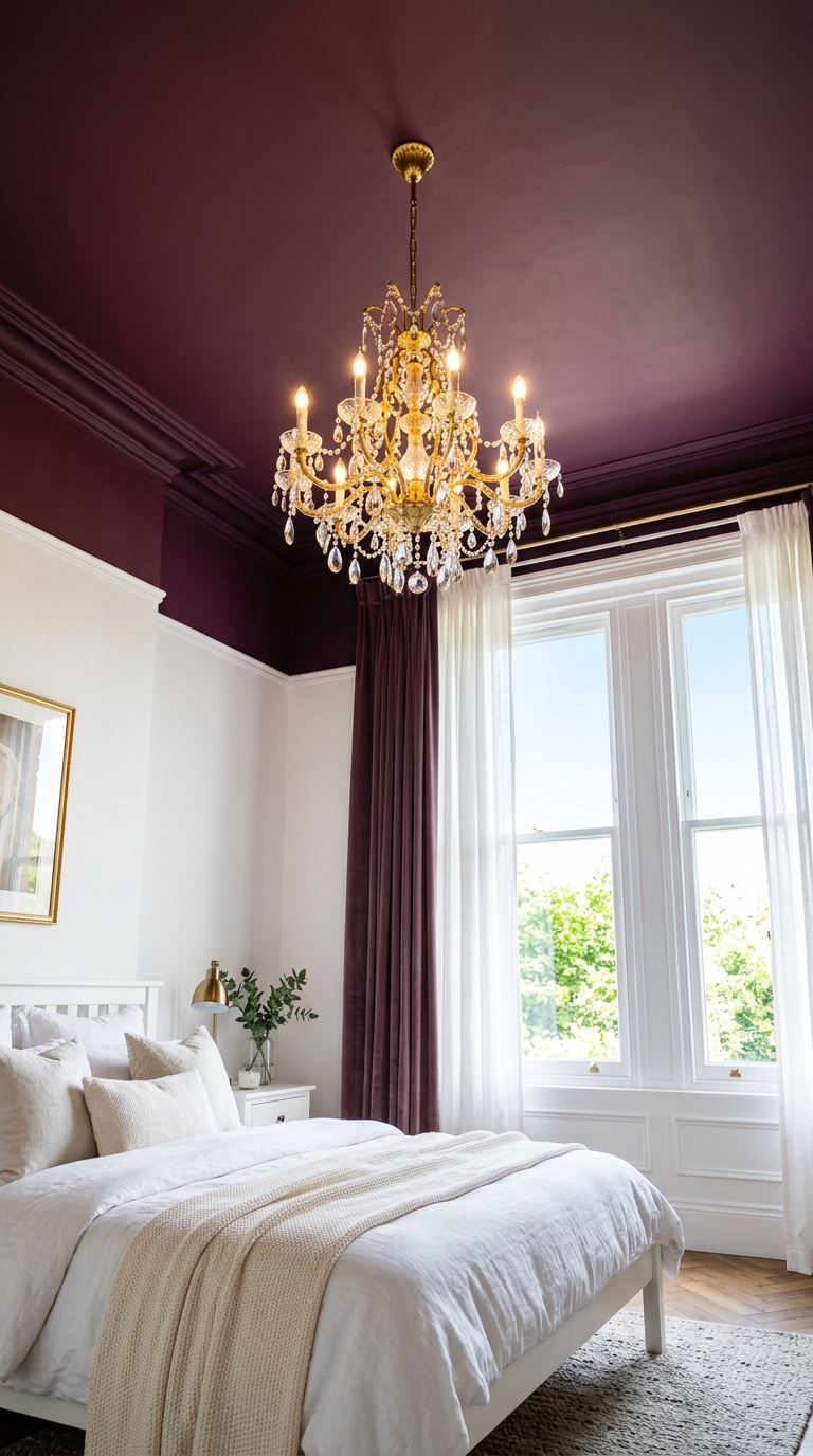 Purple painted ceiling bedroom with white walls and gold chandelier for a dramatic design look
