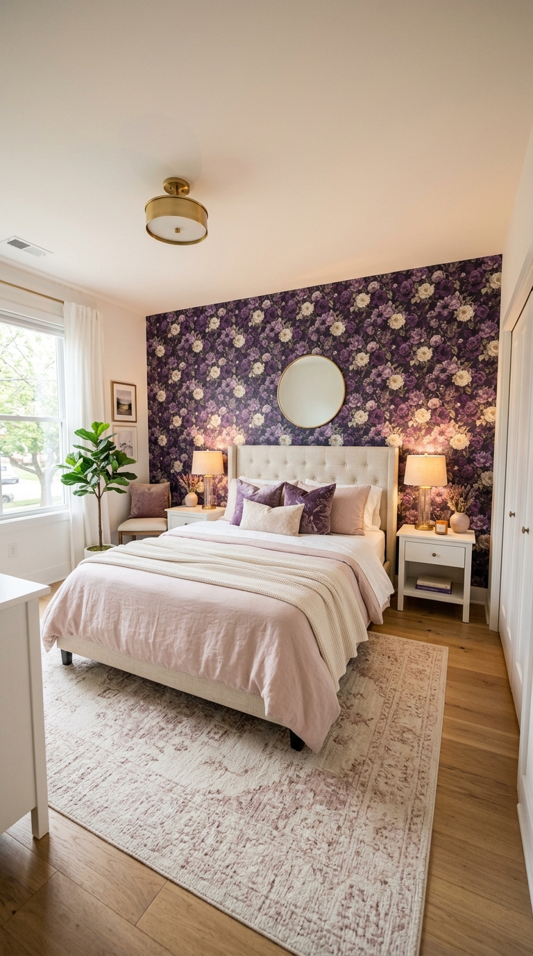Purple floral wallpaper bedroom with cream bedding and white furniture for a bold, elegant look