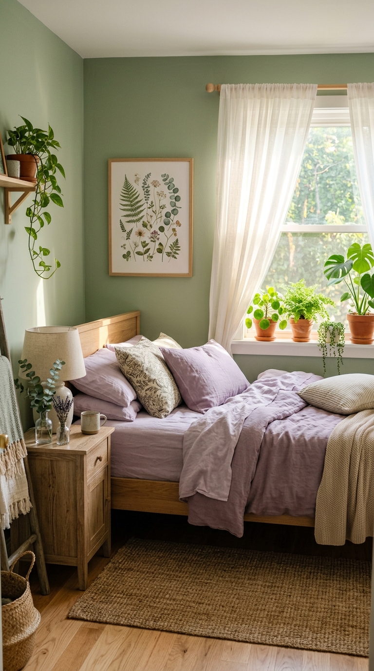 Purple and sage green bedroom with natural linen bedding and botanical plant decor
