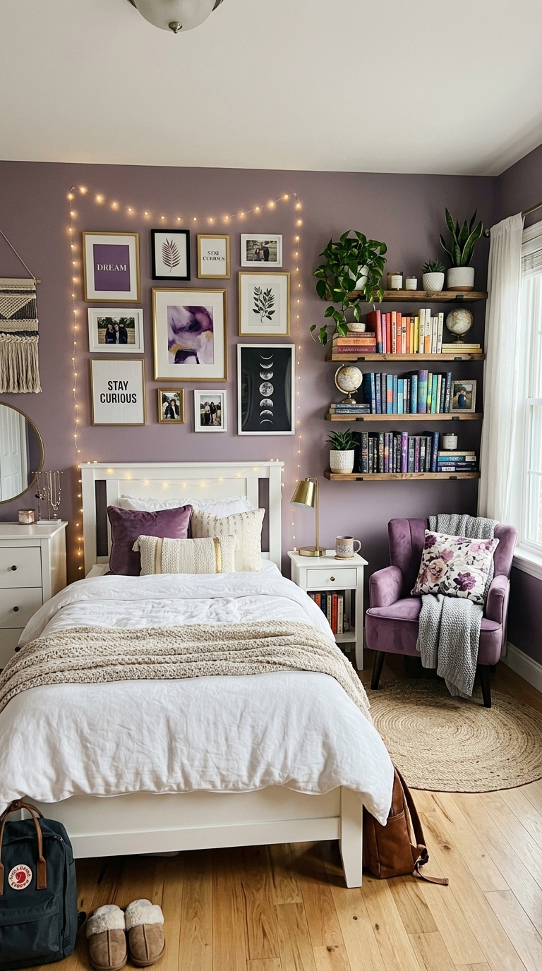 Sophisticated purple teen bedroom with gallery wall, velvet chair, and string lights