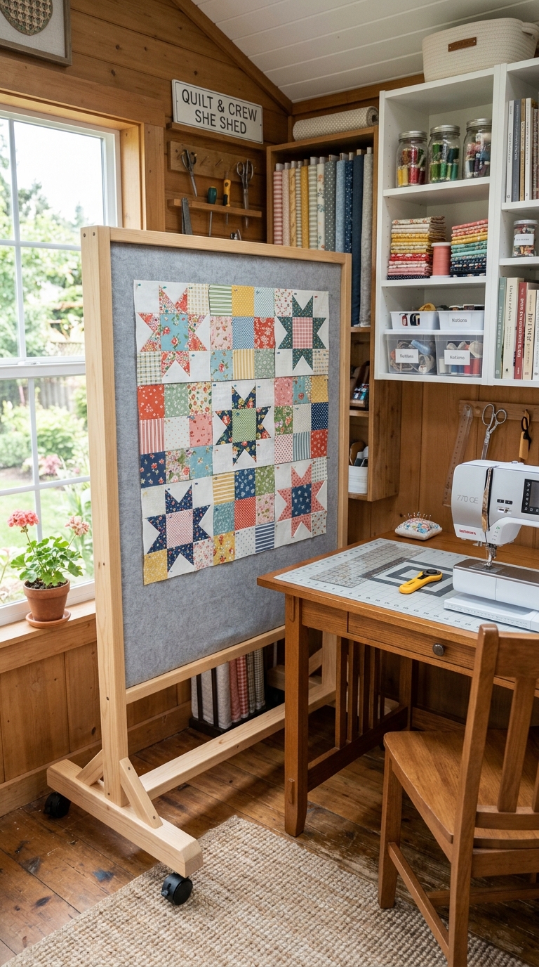Sewing she shed idea with mini design wall for quilting projects