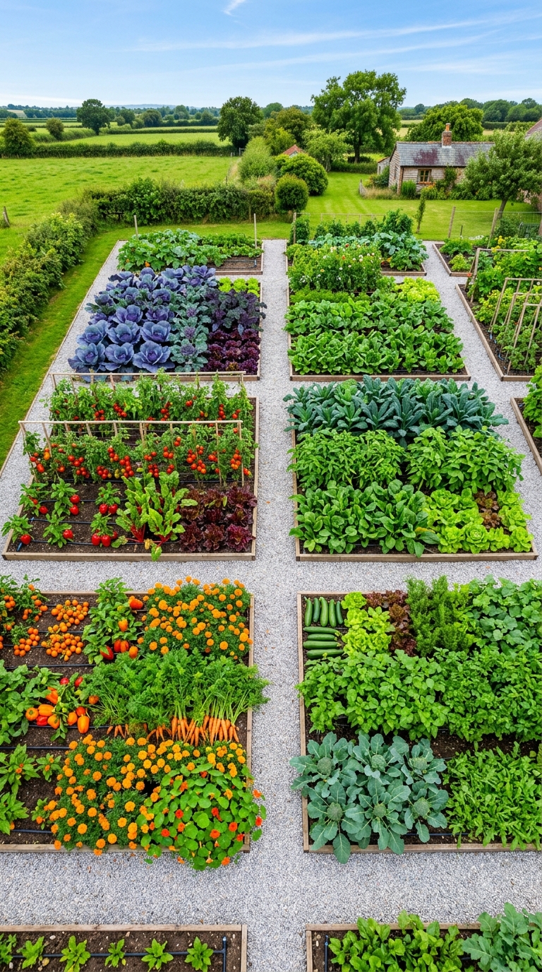 Rainbow harvest color-block potager garden layout