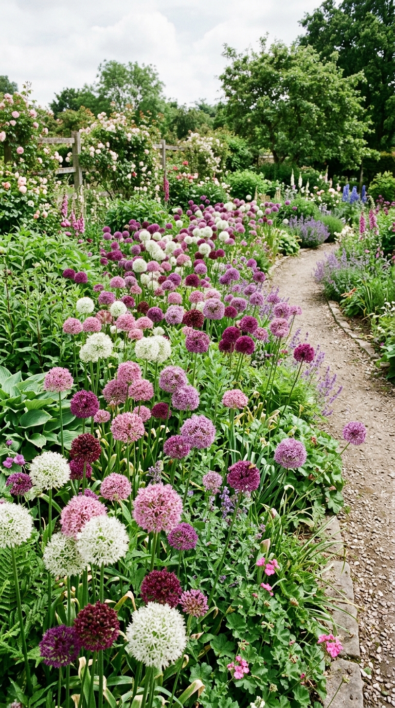 Rainbow allium border with mixed white, pink, purple, and burgundy varieties in a colorful spring garden display