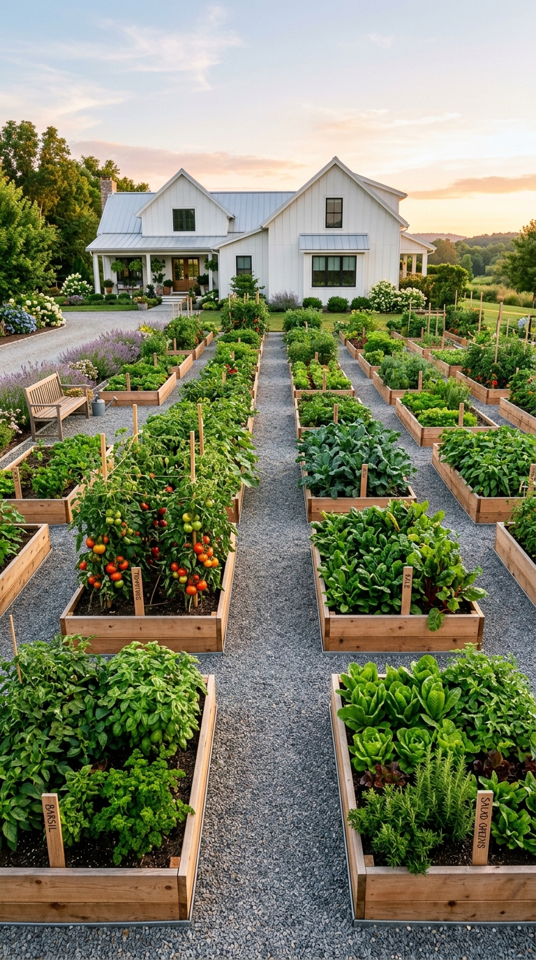 Raised bed grid layout for an organized kitchen garden
