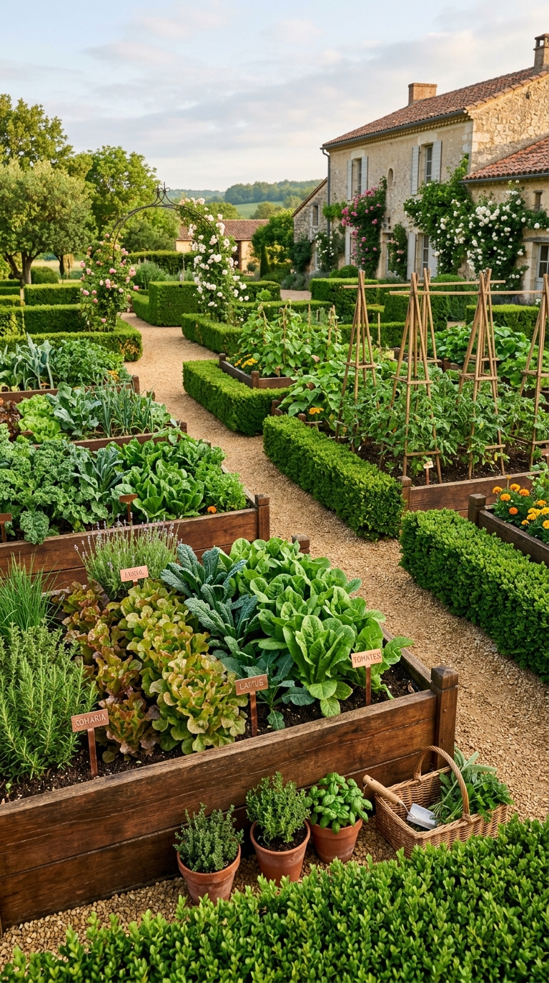 Raised bed potager garden with boxwood edging, herbs and vegetables, formal French kitchen garden style