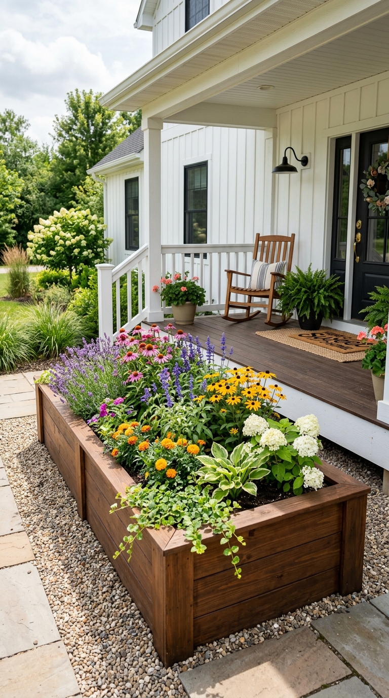 Raised garden bed landscaping idea for small front yard with flowers