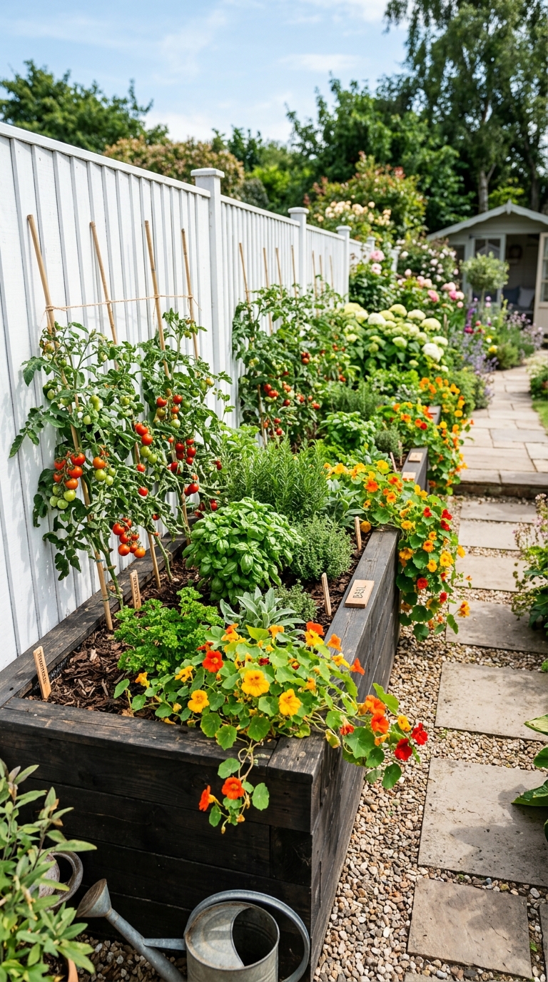 Raised wooden planter boxes along a garden fence, planted with herbs, tomatoes, and edible flowers in an urban potager style