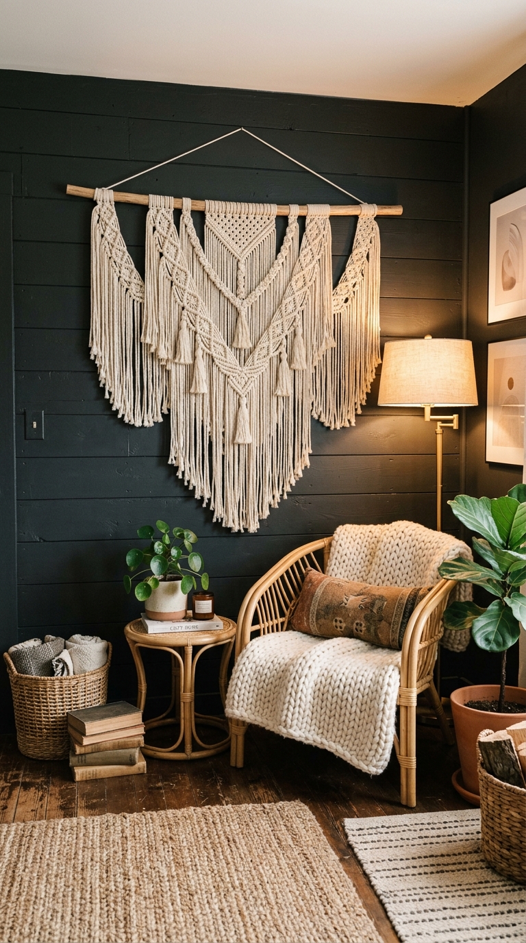 Natural rattan peacock chair in a dark boho living room corner with trailing pothos plant