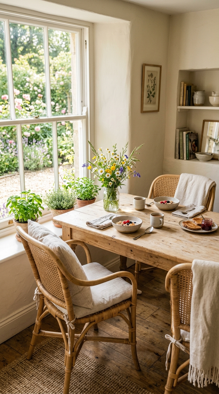 Cottage breakfast nook with rattan chairs, scrubbed pine table, and wildflower centerpiece