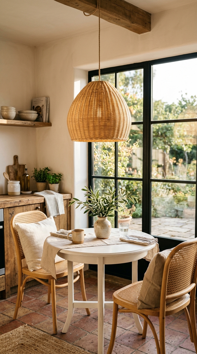 Natural rattan belly-basket pendant lamp over a small bistro table in a warm summer kitchen corner