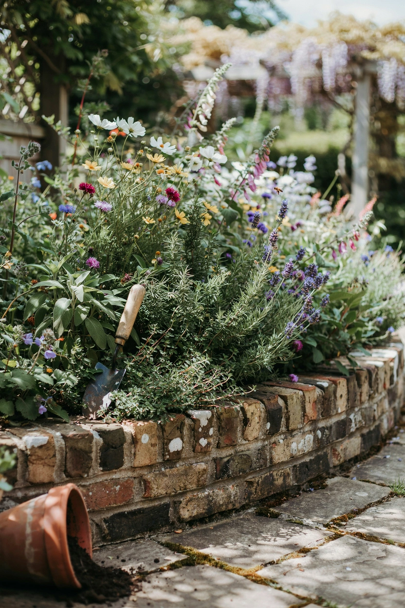 Reclaimed weathered brick garden edging with varied rustic tones creating an organic cottage garden border
