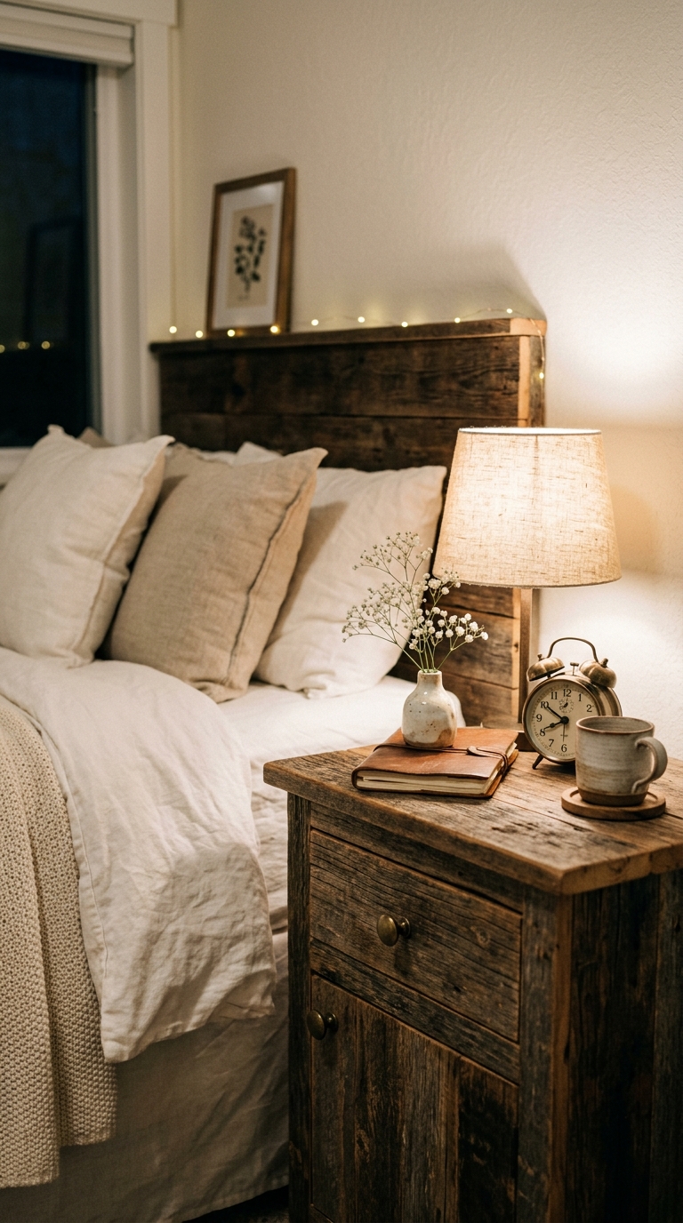 Reclaimed wood nightstand with antique brass hardware styled with a vintage lamp and bud vase in a farmhouse shabby chic bedroom