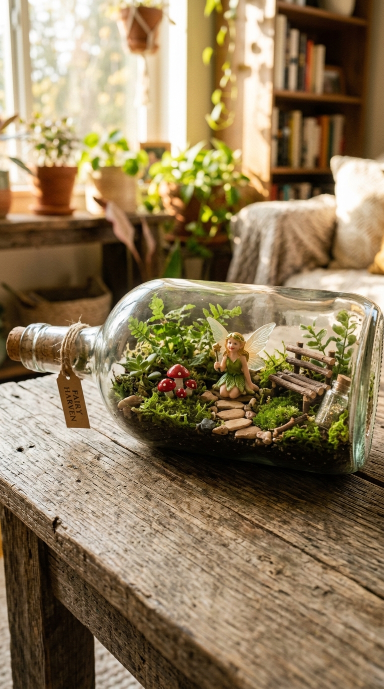 Fairy garden terrarium made inside a recycled wine bottle with moss and a fairy figurine
