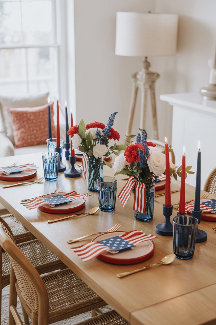 Stylish patriotic table decor setup with festive Fourth of July decorations and summer entertaining ideas