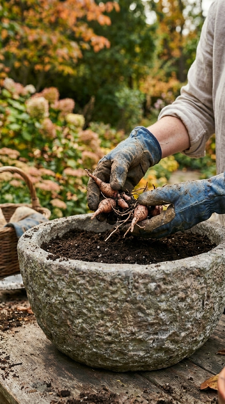 Peony root ball being carefully transferred to a larger container with fresh compost showing correct repotting technique for container peonies