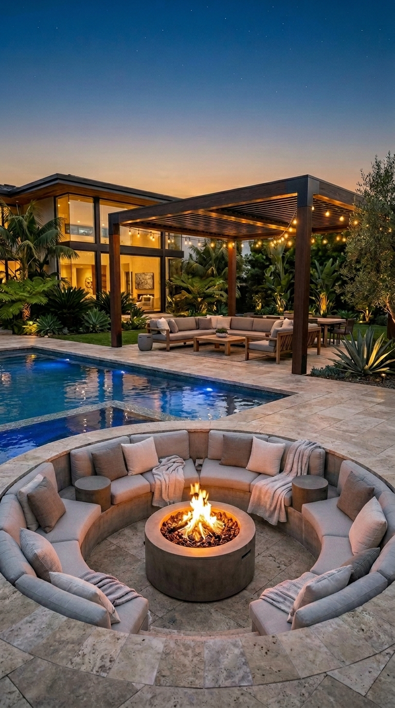 Sunken fire pit with pool and pergola