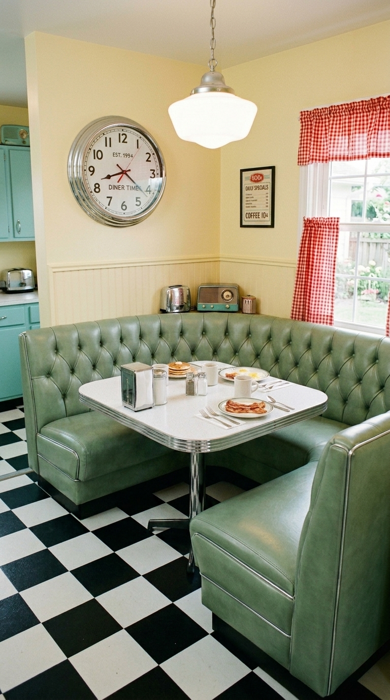 Retro diner-style breakfast nook with sage green booth seating and checkerboard tile in a fun kitchen corner