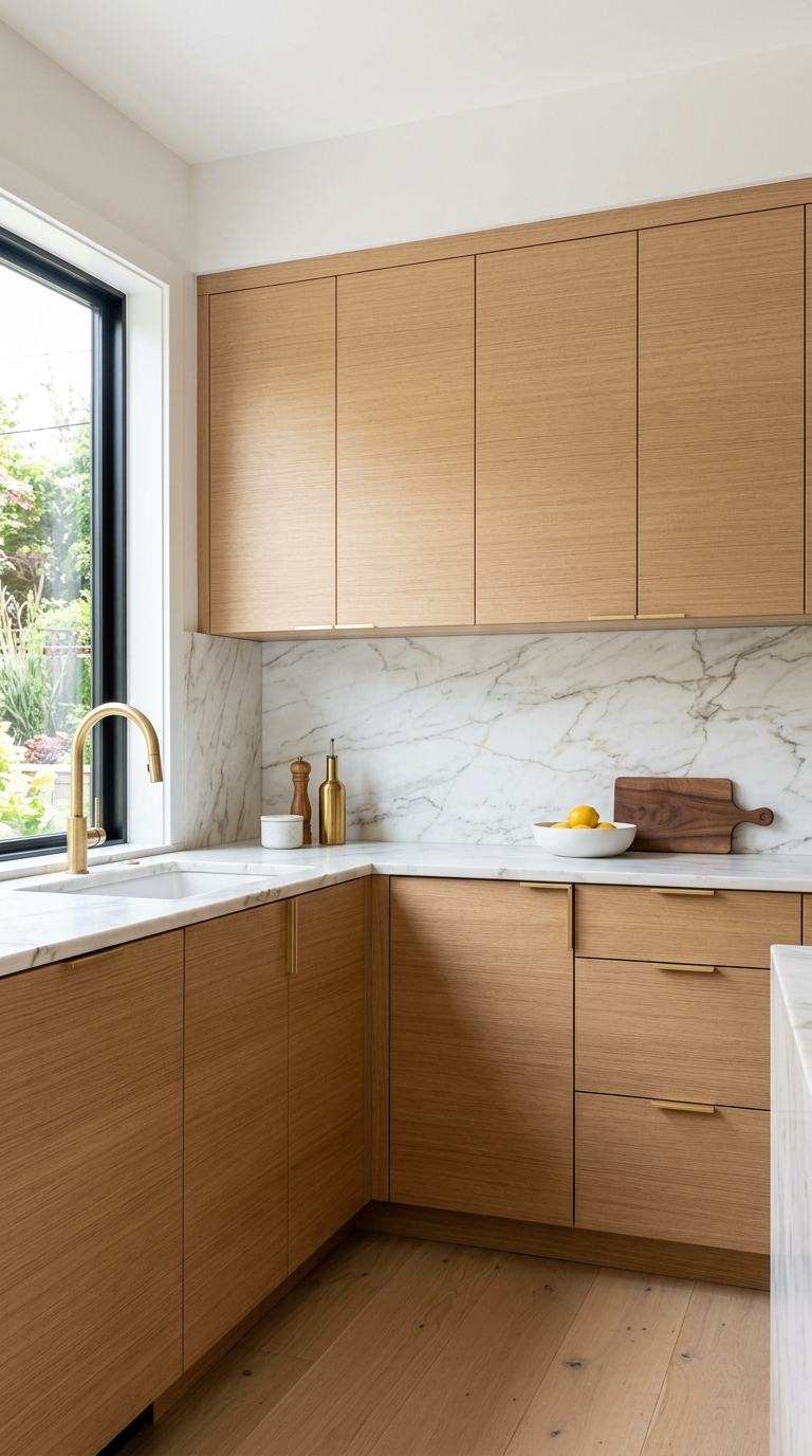 Rift-sawn white oak kitchen cabinets with linear grain, stone slab backsplash, and brushed brass hardware in a luxury kitchen
