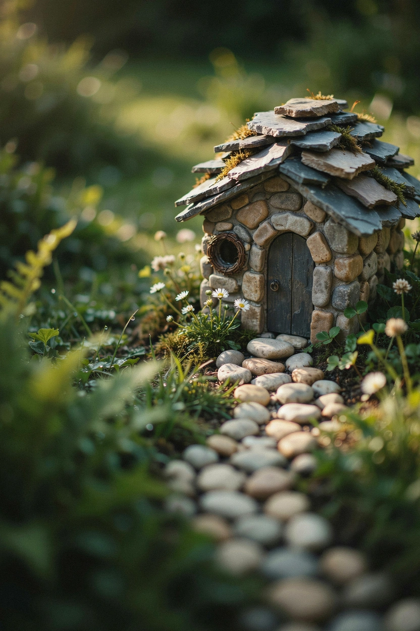 DIY river pebble fairy cottage with flagstone roof in a miniature garden with white flowers