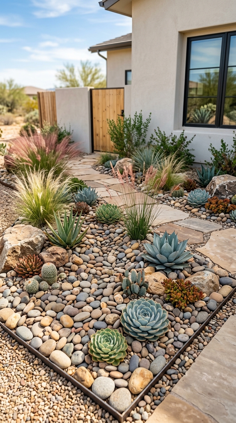 Rock garden landscaping idea for small front yard with succulents