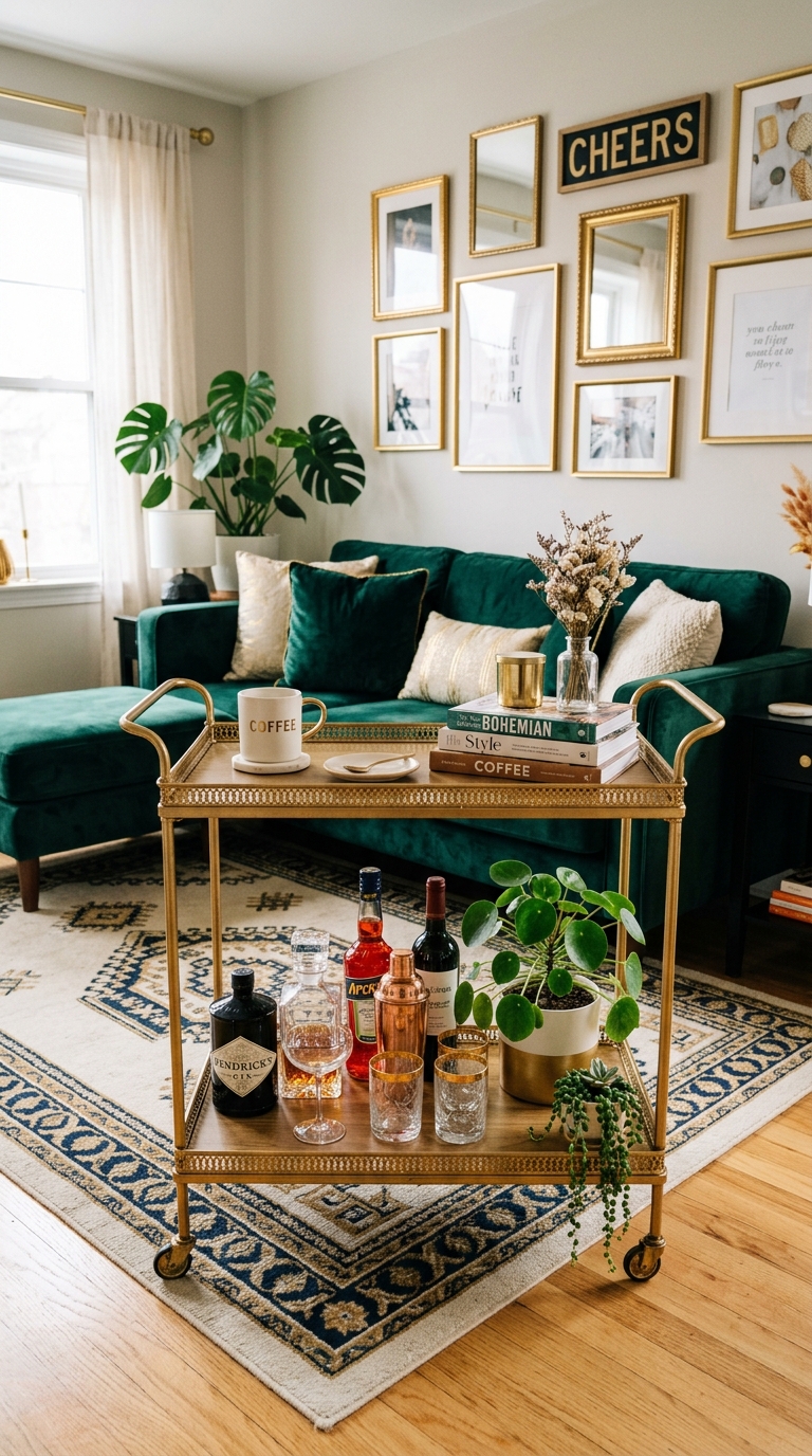 Gold rolling bar cart repurposed as coffee table in small apartment glam living room