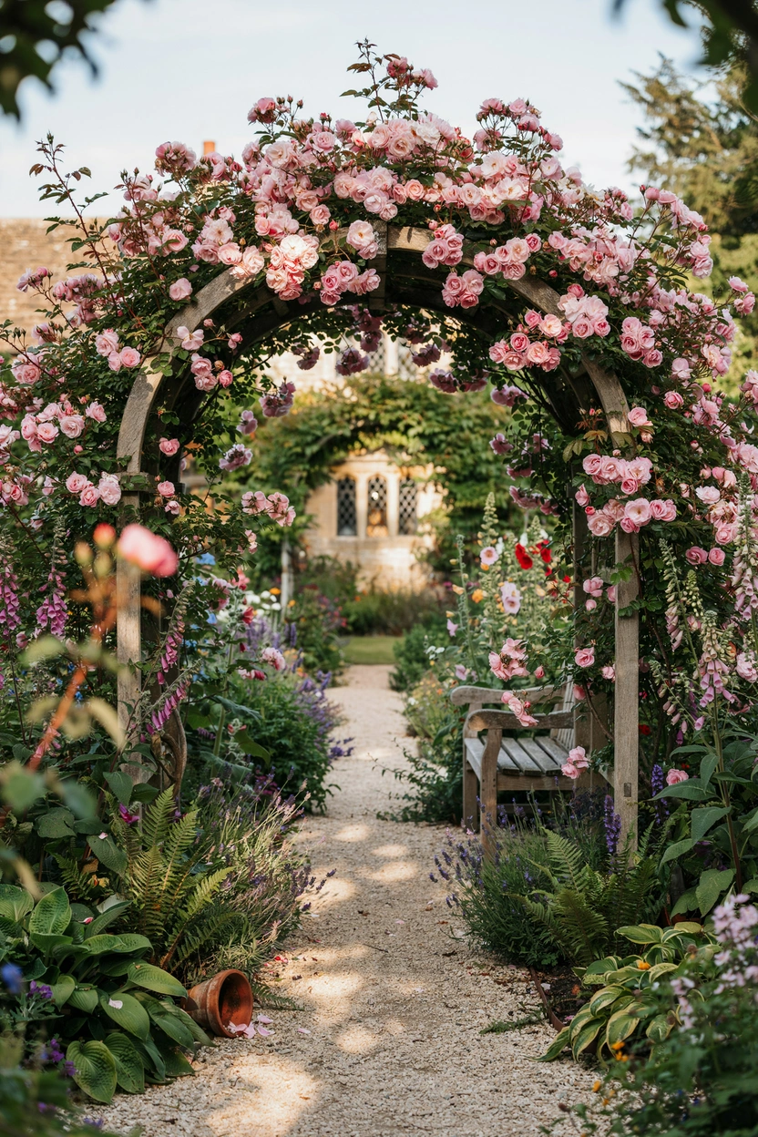 Rose-covered garden arch with pink climbing roses in a classic English cottage garden