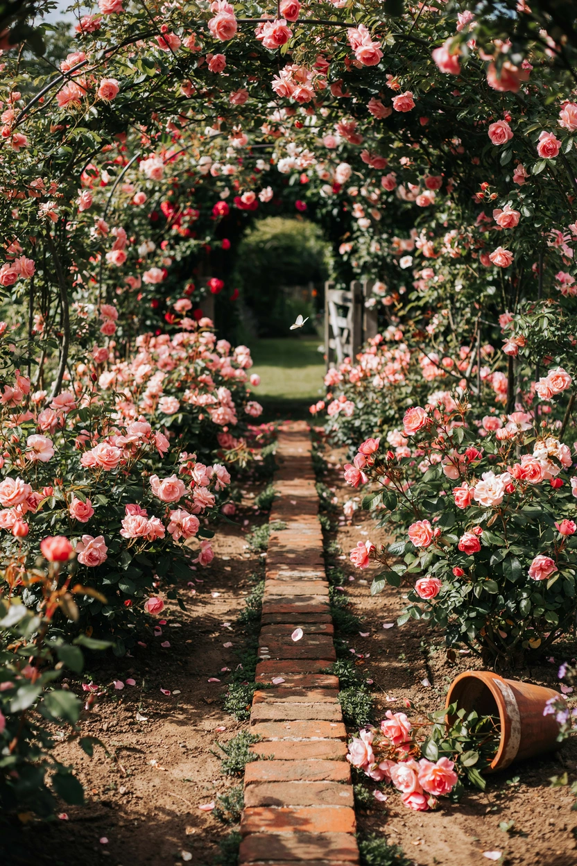 Pink roses lining a cottage garden path — romantic rose garden path idea
