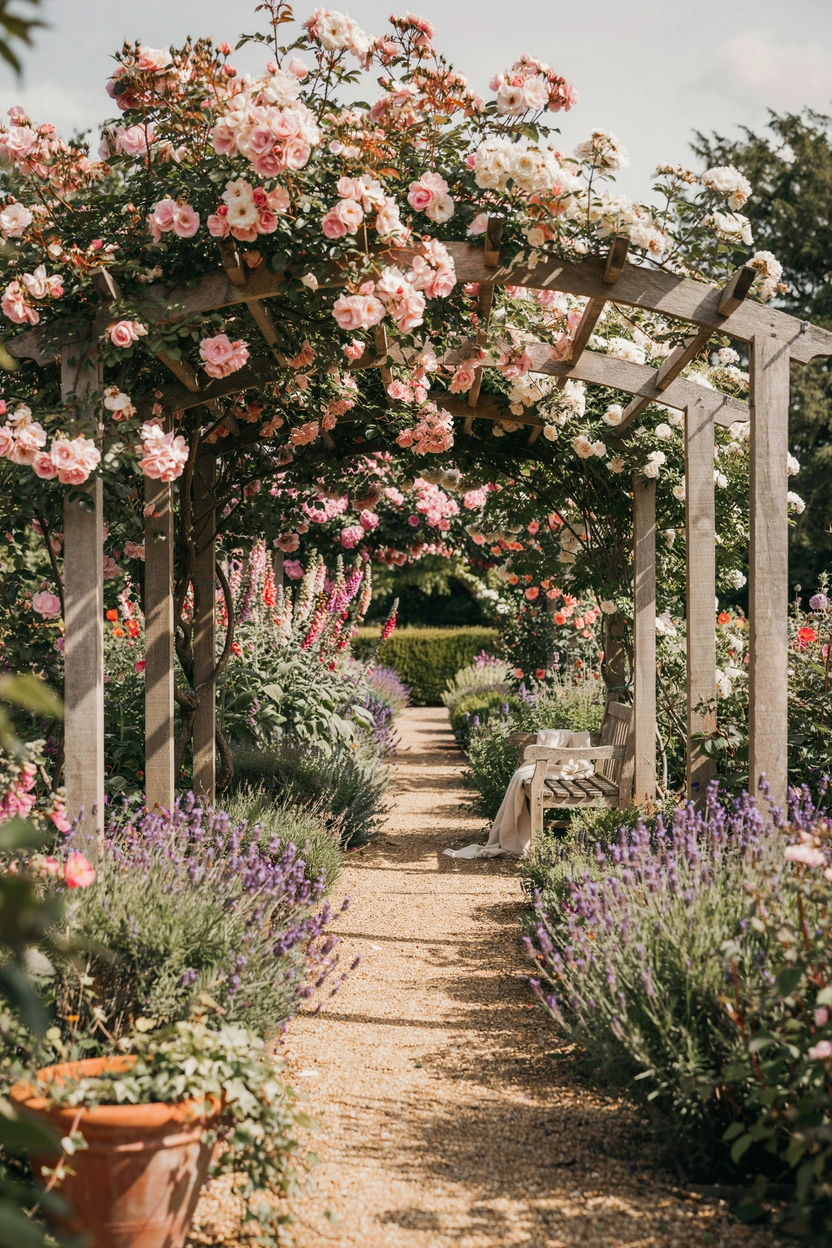 Rose-covered pergola walk with pink climbing roses and lavender path — English cottage garden idea