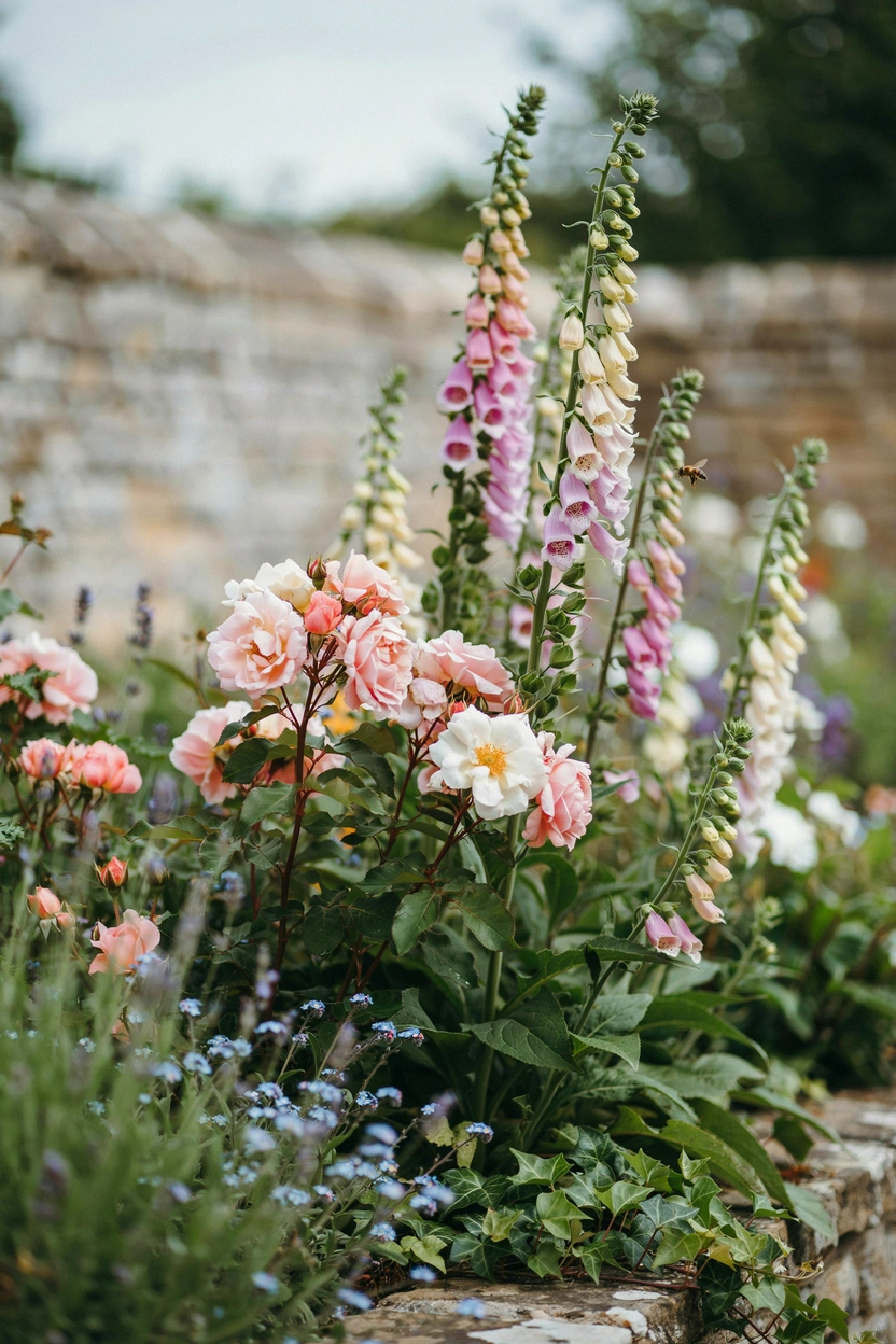 Pink foxgloves and blush roses in an English cottage garden border — summer planting idea