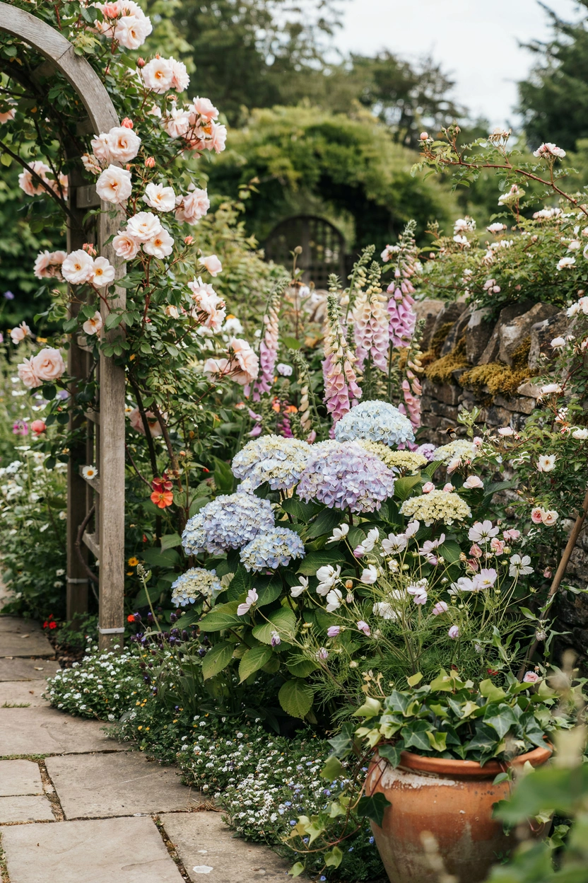 Blush roses and pale blue hydrangeas in a cottage garden border — summer planting combination