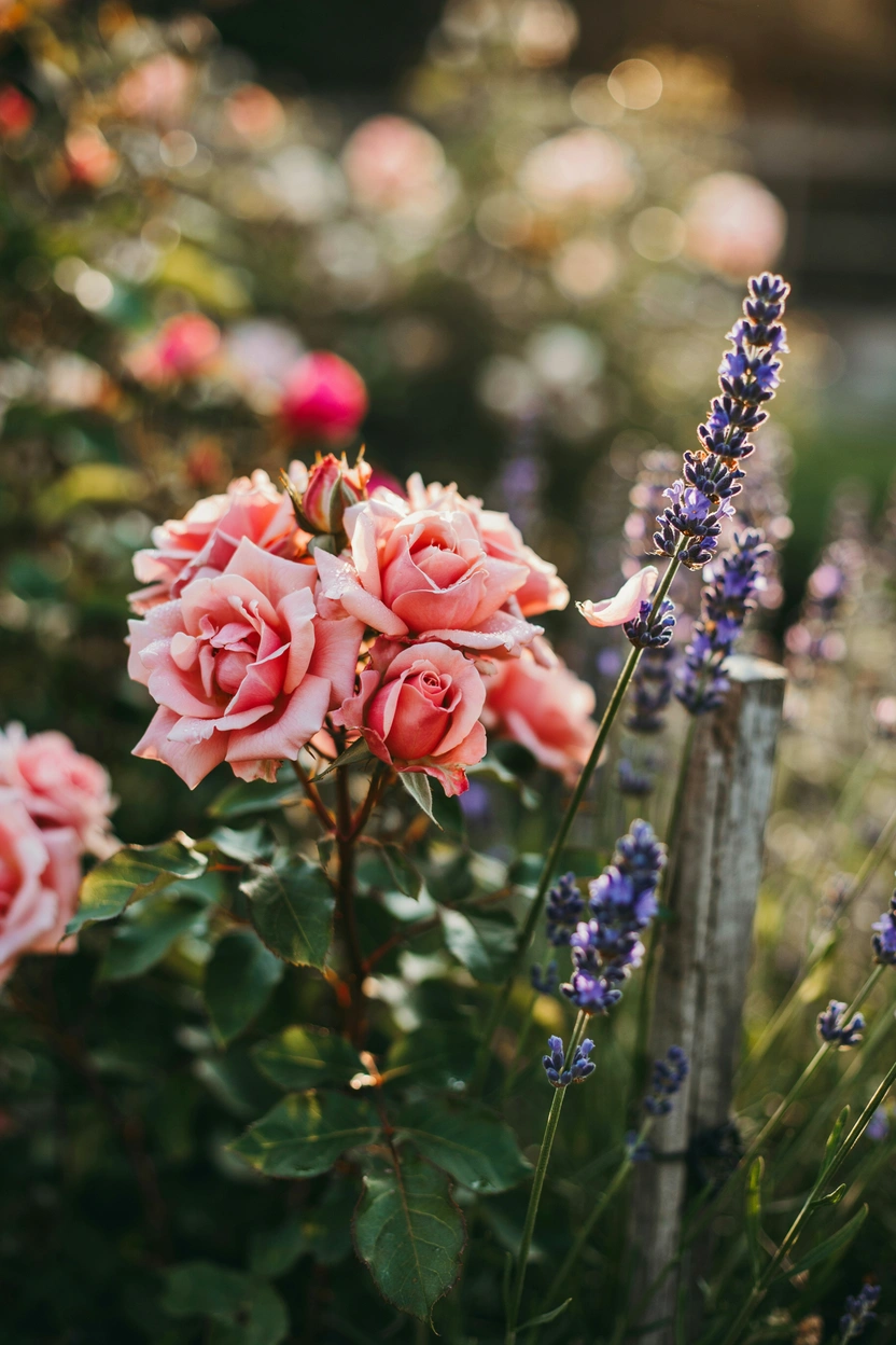 Pink roses and purple lavender growing together in a cottage garden border