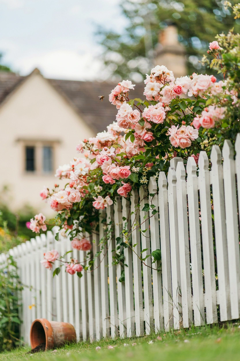 Blush pink roses cascading over a white picket fence — cottage garden rose landscaping idea