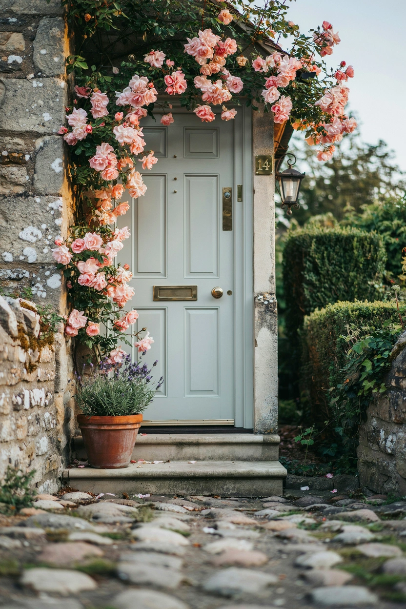 Blush pink roses framing a sage green cottage front door — cottage garden curb appeal idea