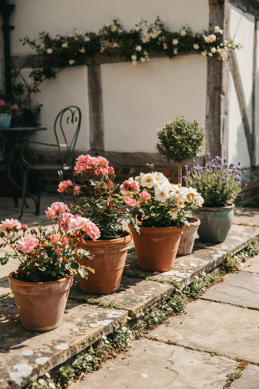 Pink and white roses in terracotta containers on a cottage garden patio — small space rose idea